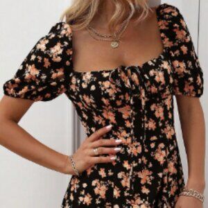 maxi floral orange dress side leg opening dress knotted front chest floral dress